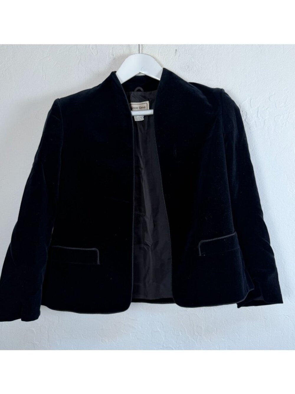 Vintage Piece Time Womens Black Velvet Cropped Open Front Blazer Japan Size 8